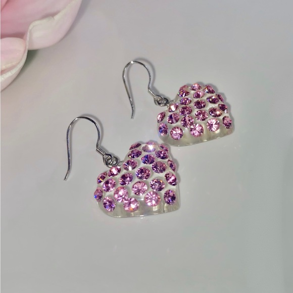 Women’s heart shape transparent acrylic earrings embellished with pink crystals - Picture 6 of 12